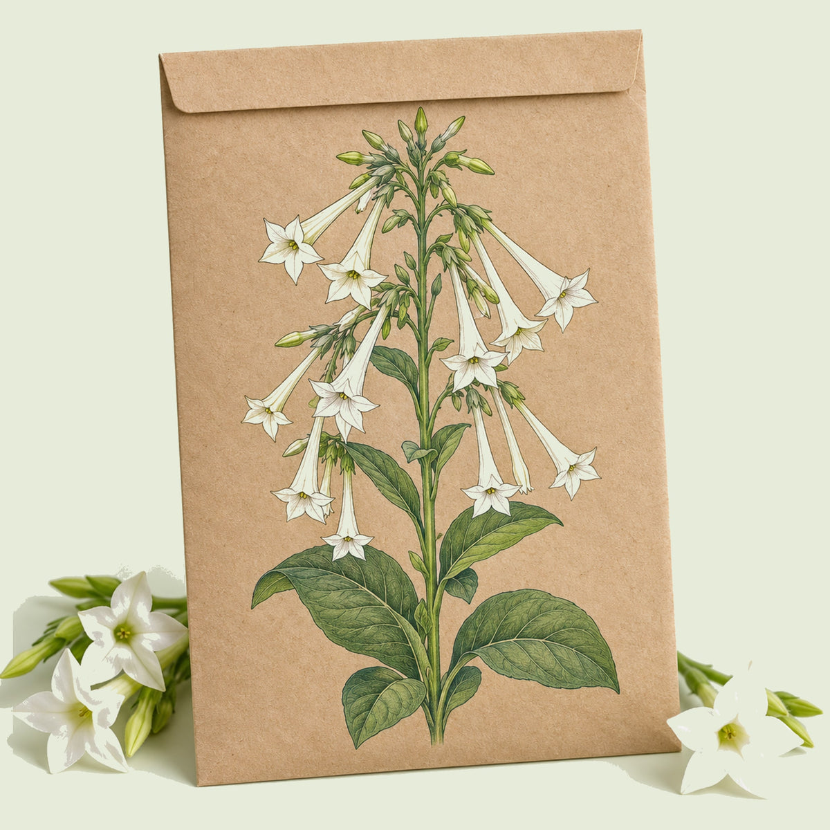 Kraft seed packet illustrated with Indian Peace Pipe White Nicotiana, with fresh Indian Peace Pipe White Nicotiana beside it
