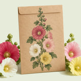 Kraft seed packet illustrated with Indian Spring Hollyhock Flower, with fresh Indian Spring Hollyhock Flower beside it