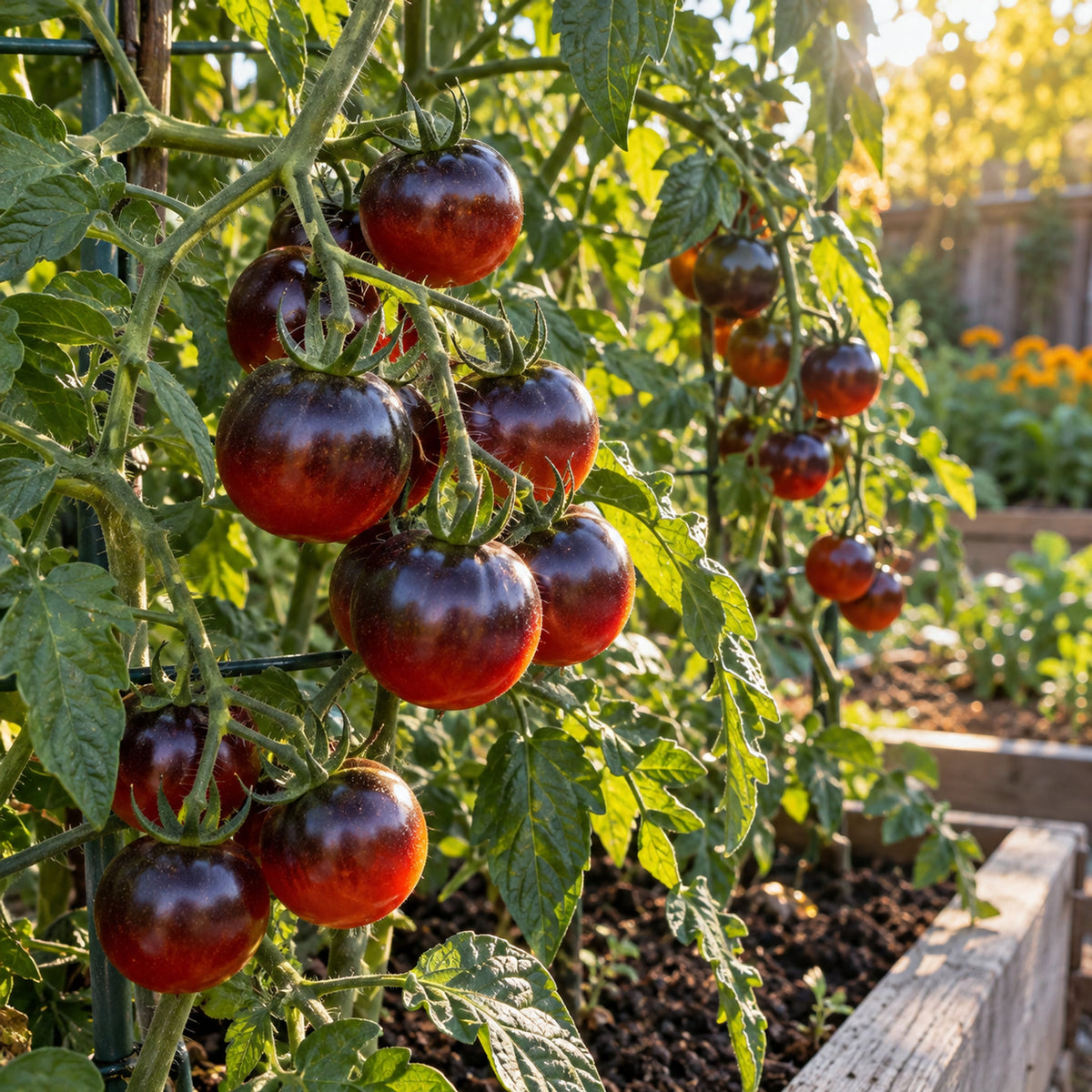 Indigo Rose Cherry Tomato Seeds growing in a home garden