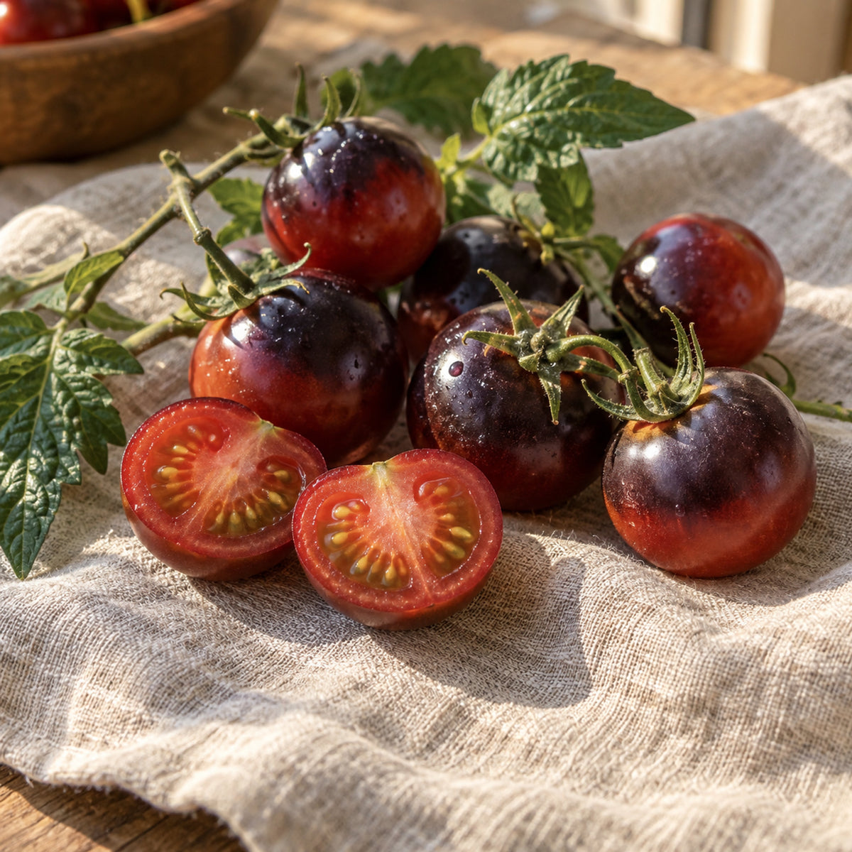 Indigo Rose Cherry Tomato Seeds harvest up close