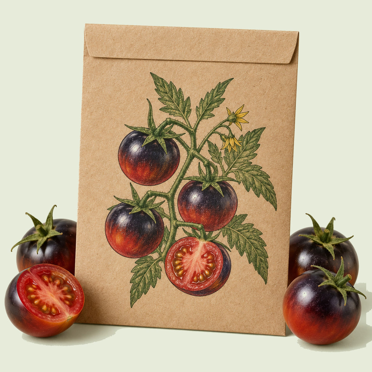 Kraft seed packet illustrated with Indigo Rose Cherry Tomato, with fresh Indigo Rose Cherry Tomato beside it