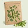Kraft seed packet illustrated with Iona Petite Shelling Pea, with fresh Iona Petite Shelling Pea beside it