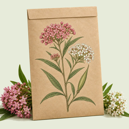 Kraft seed packet illustrated with Irresistible Swamp Milkweed Mix, with fresh Irresistible Swamp Milkweed Mix beside it