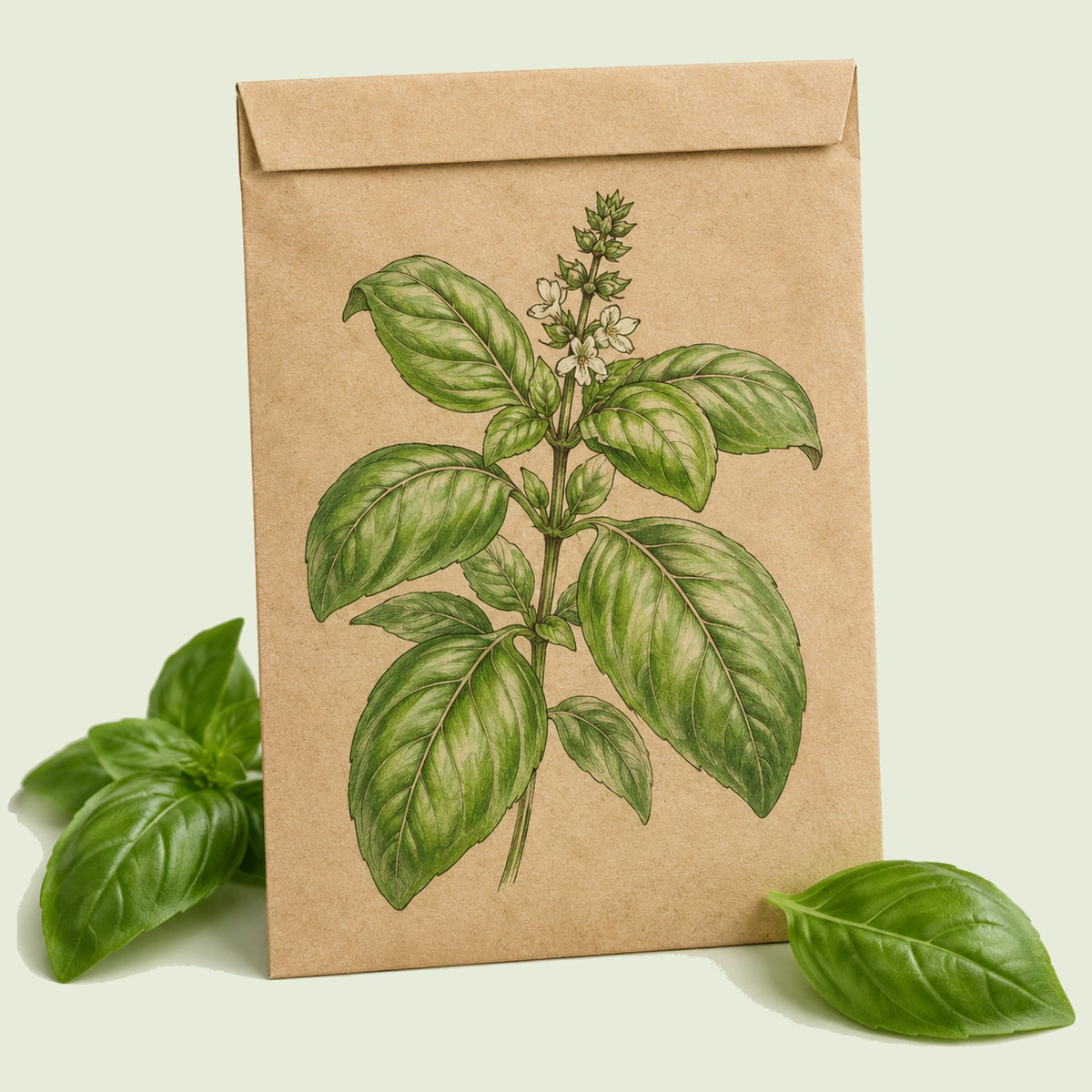 Kraft seed packet illustrated with Italian Genovese Basil, with fresh Italian Genovese Basil beside it