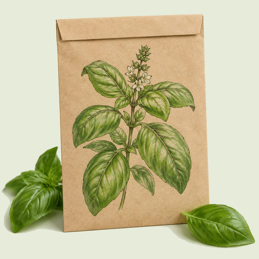 Kraft seed packet illustrated with Italian Genovese Basil, with fresh Italian Genovese Basil beside it