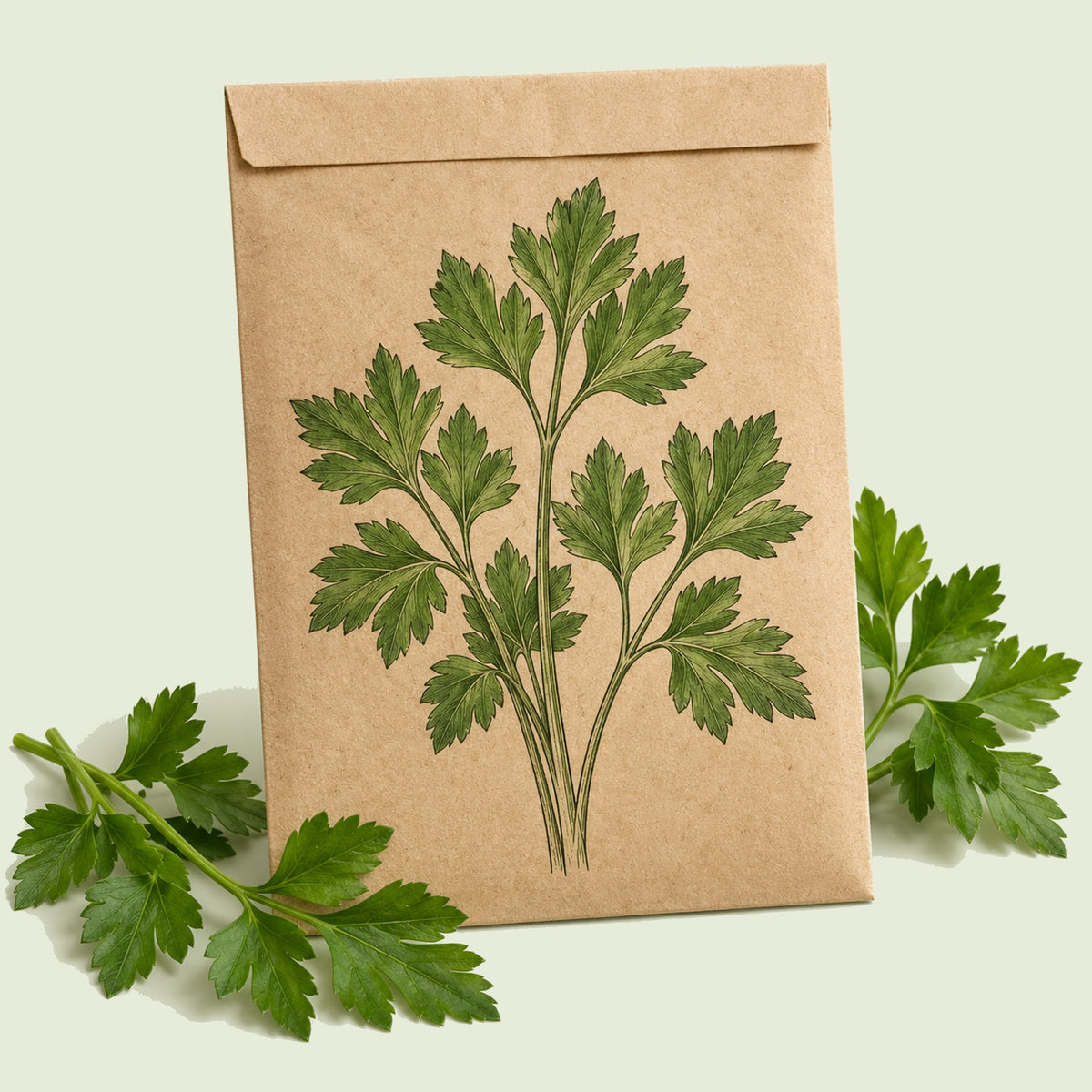 Kraft seed packet illustrated with Italian Giant Parsley, with fresh Italian Giant Parsley beside it