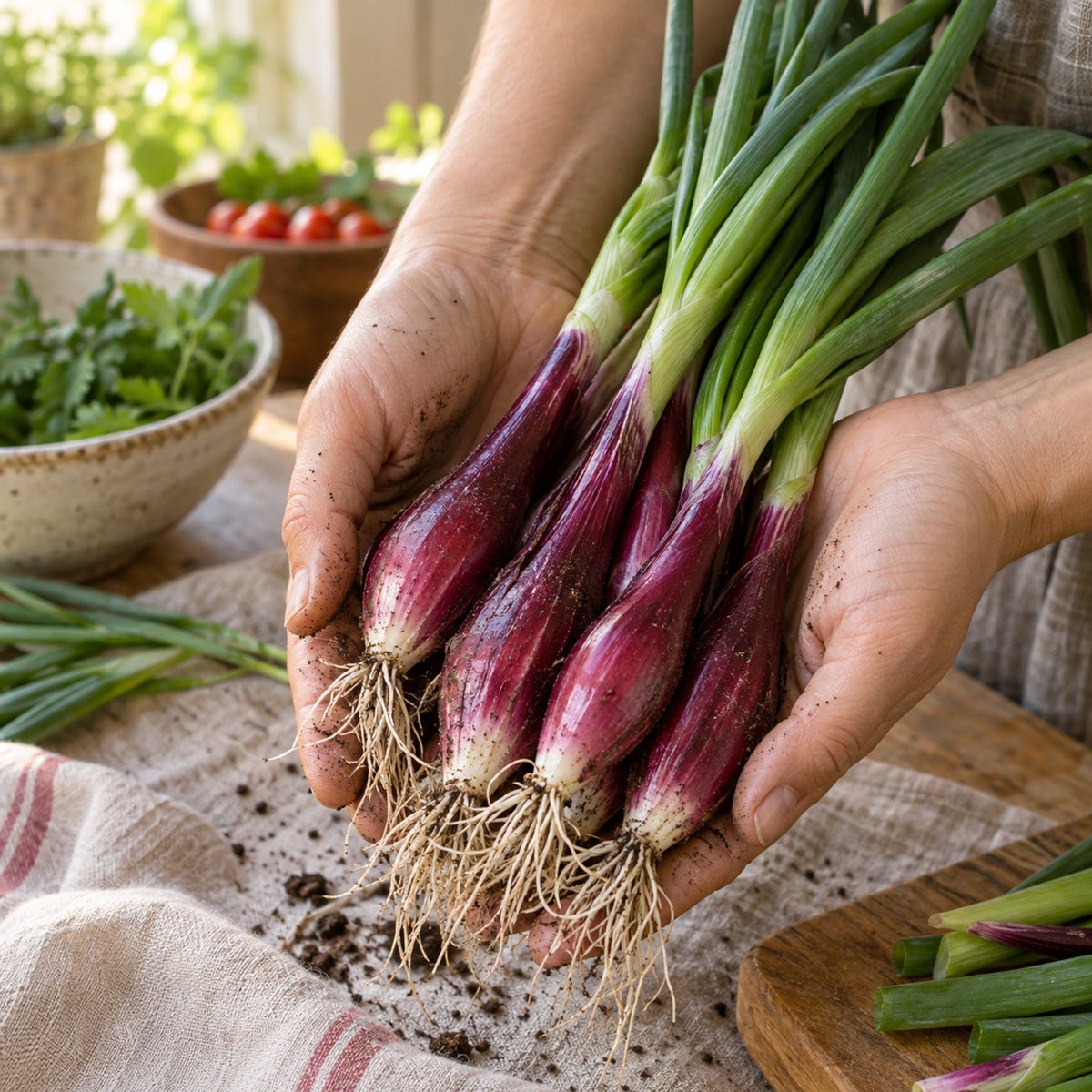 Italian Red of Florence Scallion Seeds harvest up close