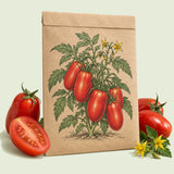 Kraft seed packet illustrated with Italian Roma Bush Tomato, with fresh Italian Roma Bush Tomato beside it
