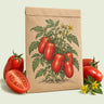 Kraft seed packet illustrated with Italian Roma Bush Tomato, with fresh Italian Roma Bush Tomato beside it
