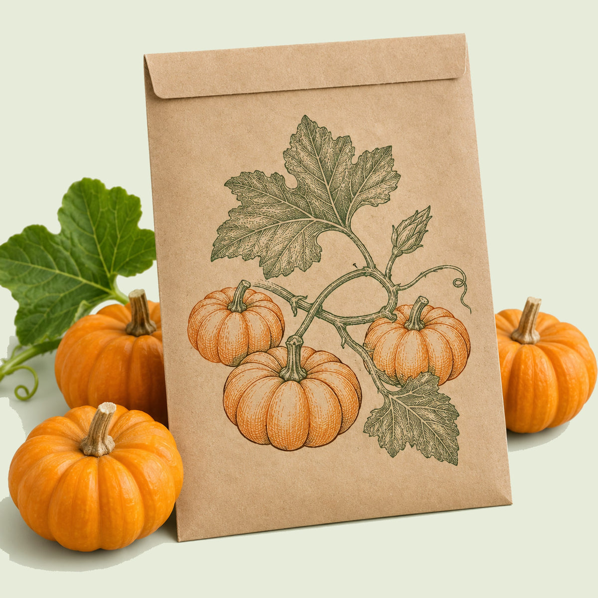 Kraft seed packet illustrated with Jack Be Little Mini Pumpkin, with fresh Jack Be Little Mini Pumpkin beside it