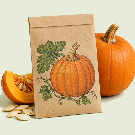 Kraft seed packet illustrated with Jack O Lantern Carving Pumpkin, with fresh Jack O Lantern Carving Pumpkin beside it