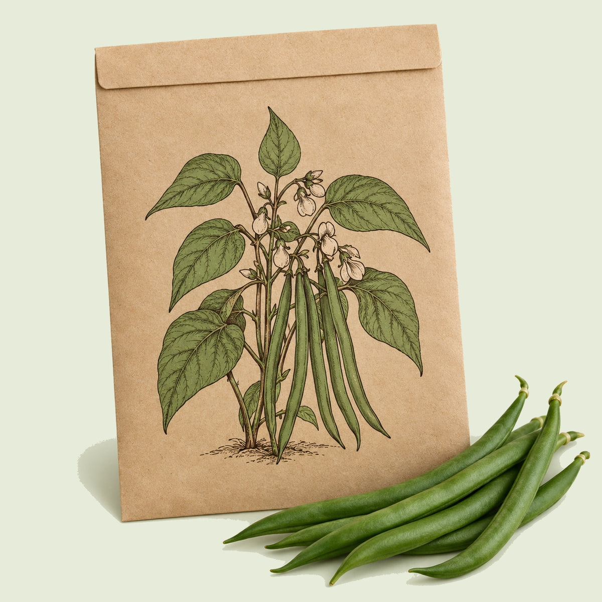 Kraft seed packet illustrated with Jade Bush Bean, with fresh Jade Bush Bean beside it