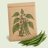 Kraft seed packet illustrated with Jade Bush Bean, with fresh Jade Bush Bean beside it