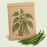 Kraft seed packet illustrated with Jade Bush Bean, with fresh Jade Bush Bean beside it