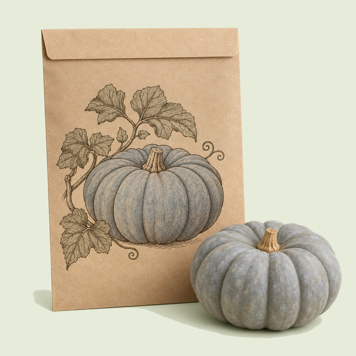 Kraft seed packet illustrated with Jarrahdale Blue Gray Pumpkin, with fresh Jarrahdale Blue Gray Pumpkin beside it
