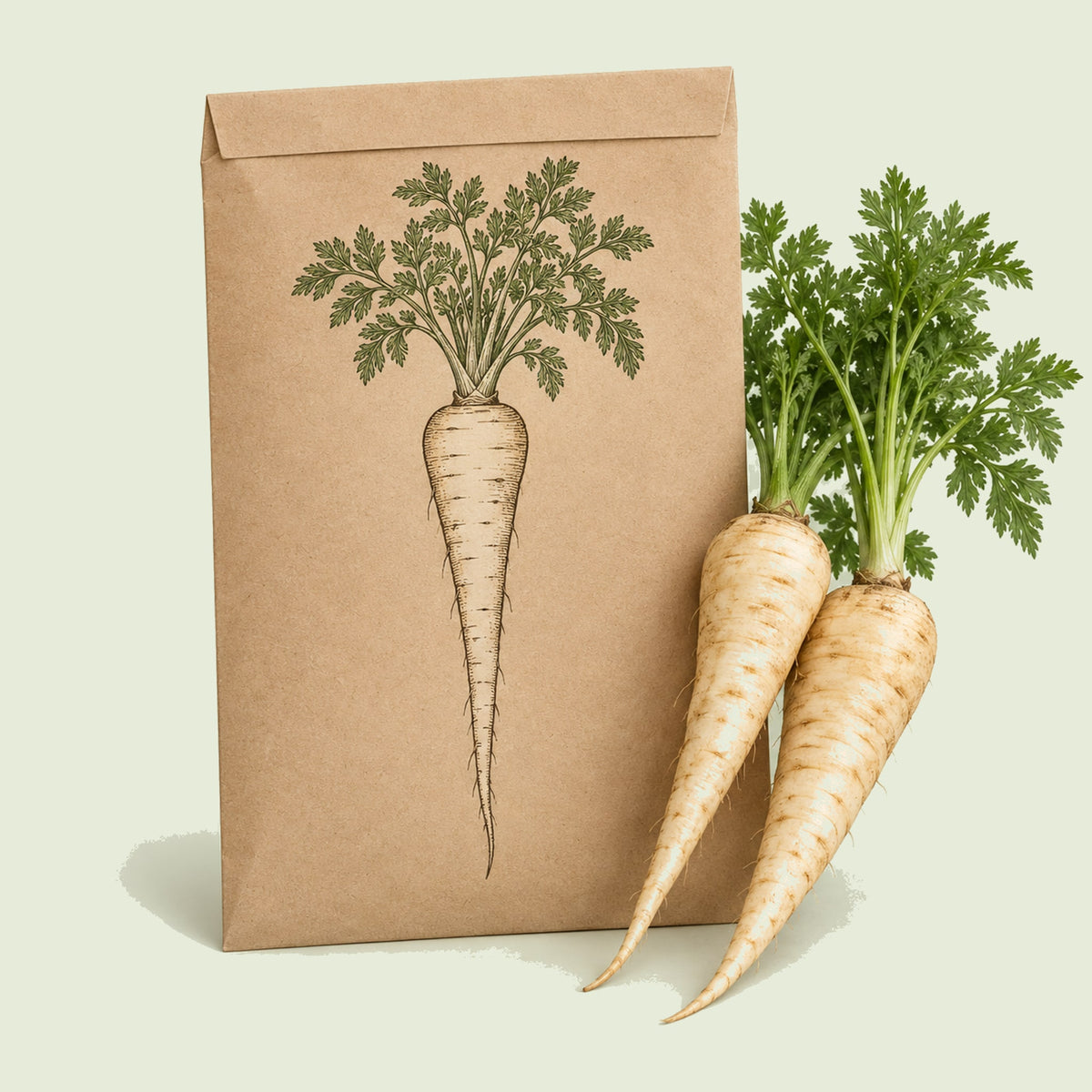 Kraft seed packet illustrated with Javelin Parsnip, with fresh Javelin Parsnip beside it