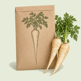 Kraft seed packet illustrated with Javelin Parsnip, with fresh Javelin Parsnip beside it