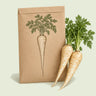 Kraft seed packet illustrated with Javelin Parsnip, with fresh Javelin Parsnip beside it
