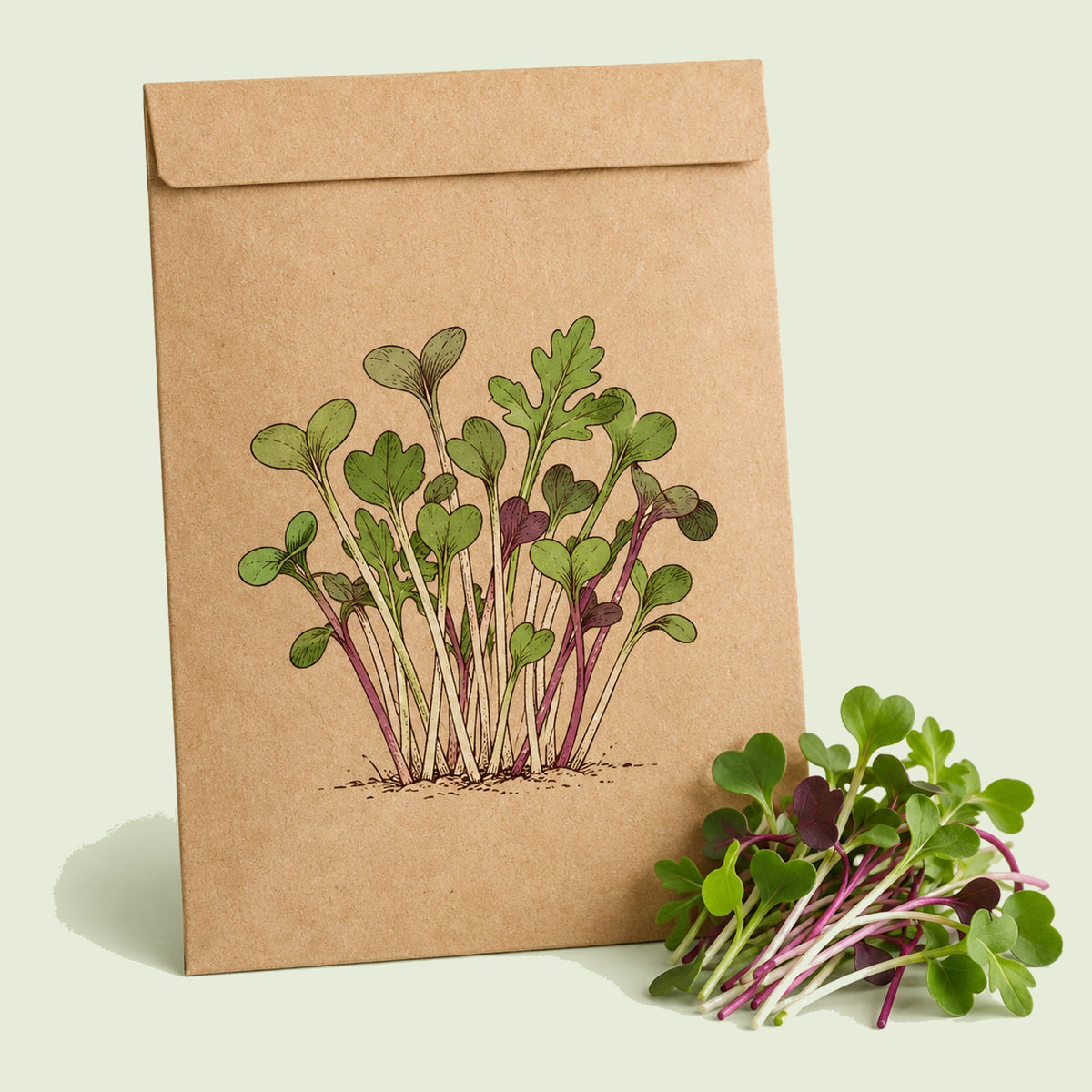 Kraft seed packet illustrated with Jazzy Microgreens Seed Mix, with fresh Jazzy Microgreens Seed Mix beside it