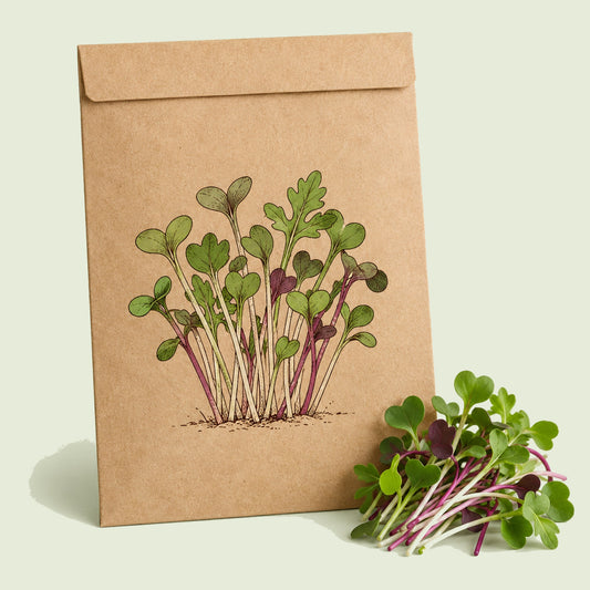 Kraft seed packet illustrated with Jazzy Microgreens Seed Mix, with fresh Jazzy Microgreens Seed Mix beside it