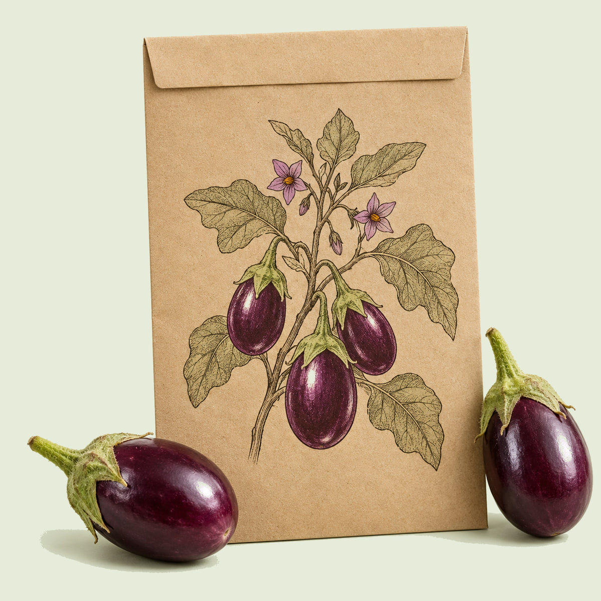 Kraft seed packet illustrated with Jewel Amethyst Eggplant, with fresh Jewel Amethyst Eggplant beside it