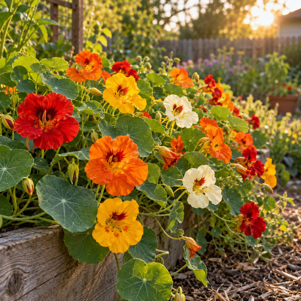 Jewel Nasturtium Flower Mix Seeds growing in a home garden
