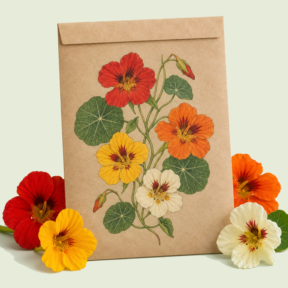 Kraft seed packet illustrated with Jewel Nasturtium Flower Mix, with fresh Jewel Nasturtium Flower Mix beside it
