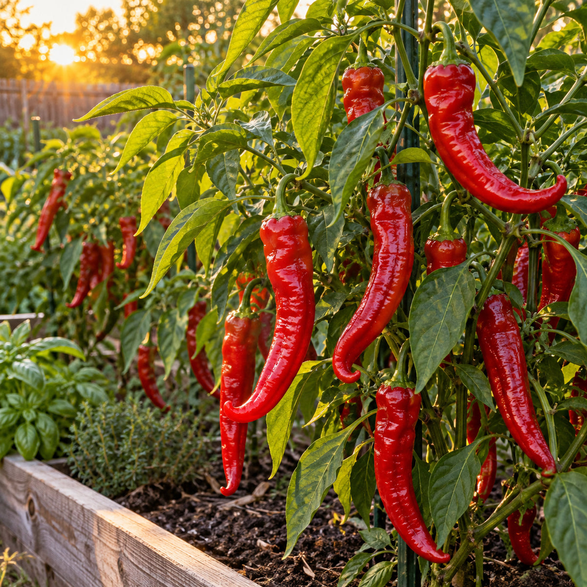 Jimmy Nardello Sweet Frying Pepper Seeds growing in a home garden