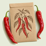 Kraft seed packet illustrated with Jimmy Nardello Sweet Frying Pepper, with fresh Jimmy Nardello Sweet Frying Pepper beside it