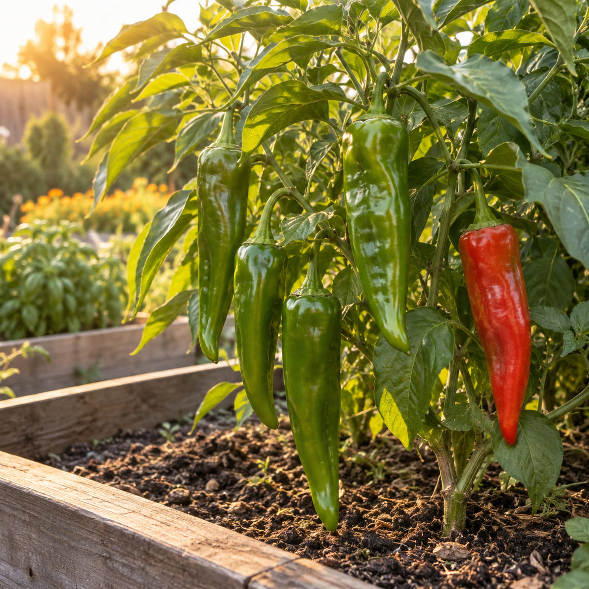 Joe E Parker Anaheim Pepper Seeds growing in a home garden