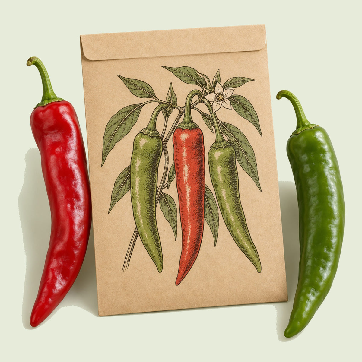 Kraft seed packet illustrated with Joe E Parker Anaheim Pepper, with fresh Joe E Parker Anaheim Pepper beside it
