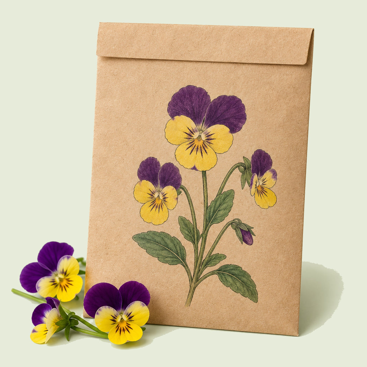 Kraft seed packet illustrated with Johnny Jump Up Viola Flower, with fresh Johnny Jump Up Viola Flower beside it