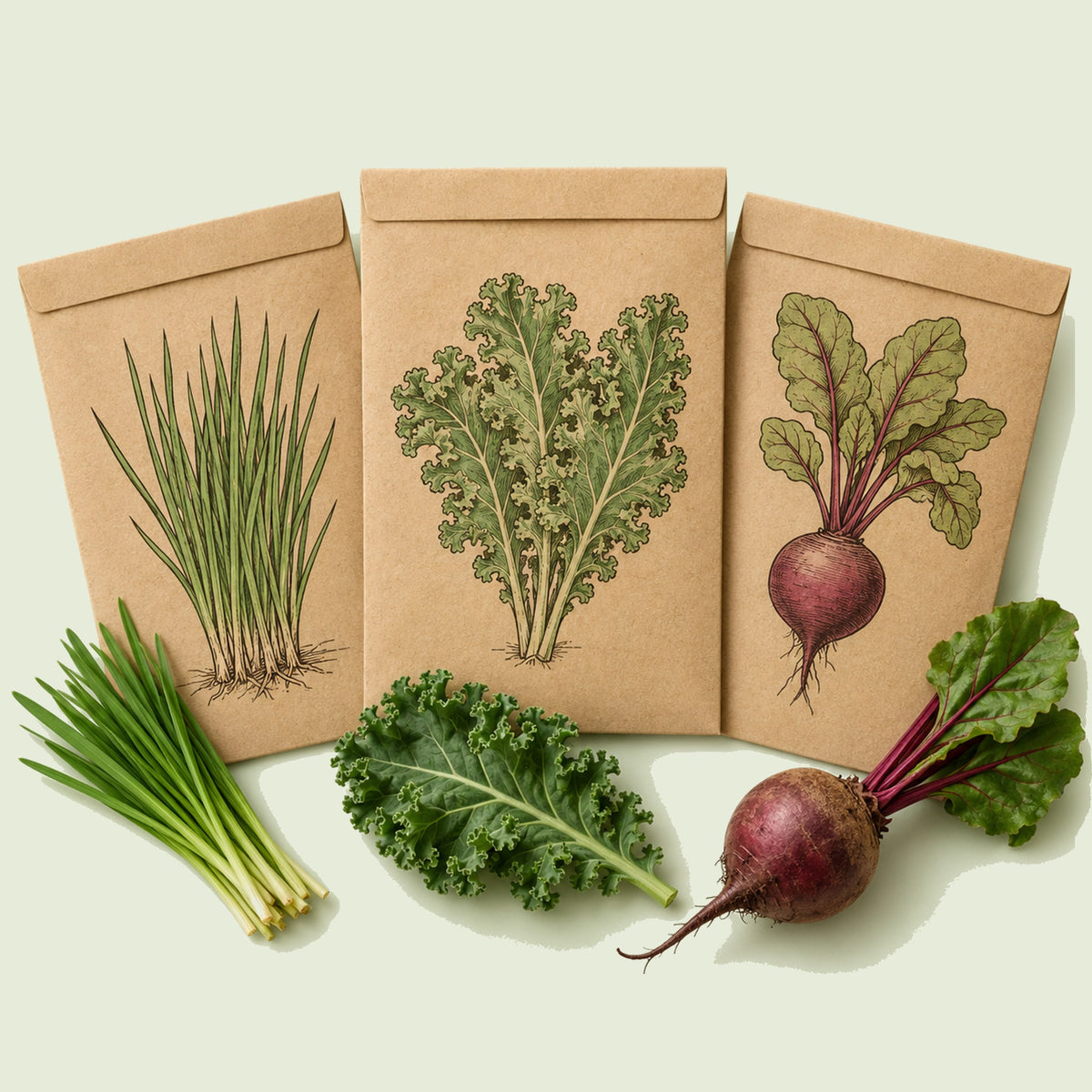 Kraft seed packet illustrated with Juicing Greens And Roots Seed Bundle, with fresh Juicing Greens And Roots Seed Bundle beside it