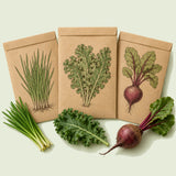 Kraft seed packet illustrated with Juicing Greens And Roots Seed Bundle, with fresh Juicing Greens And Roots Seed Bundle beside it