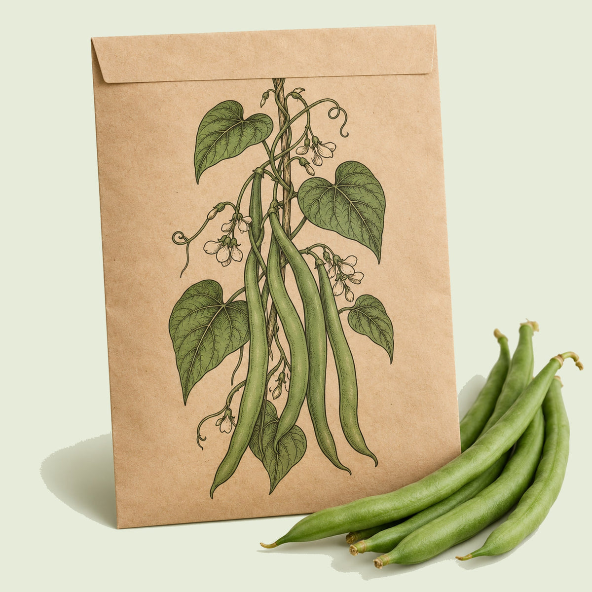 Kraft seed packet illustrated with Kentucky Wonder Pole Bean, with fresh Kentucky Wonder Pole Bean beside it