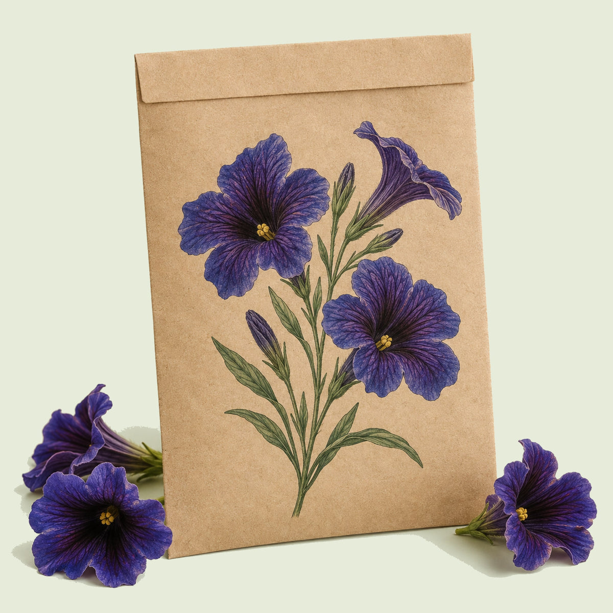 Kraft seed packet illustrated with Kew Blue Salpiglossis, with fresh Kew Blue Salpiglossis beside it