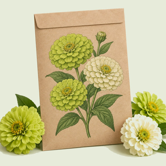 Kraft seed packet illustrated with Key Lime Zinnia Blend, with fresh Key Lime Zinnia Blend beside it