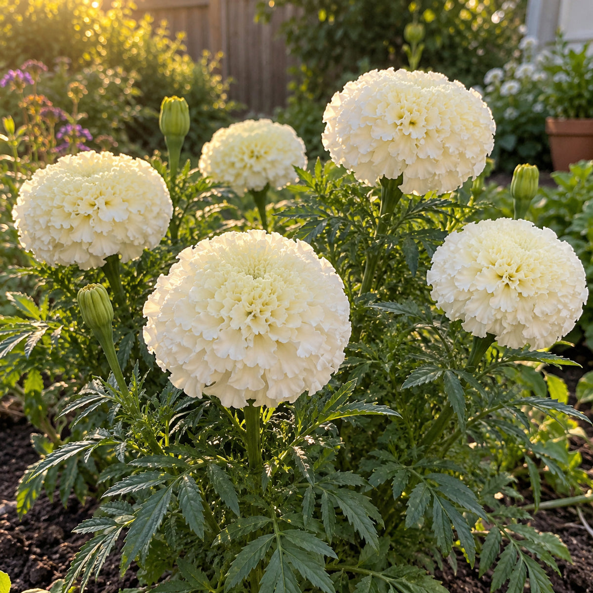 Kilimanjaro White Marigold Seeds growing in a home garden