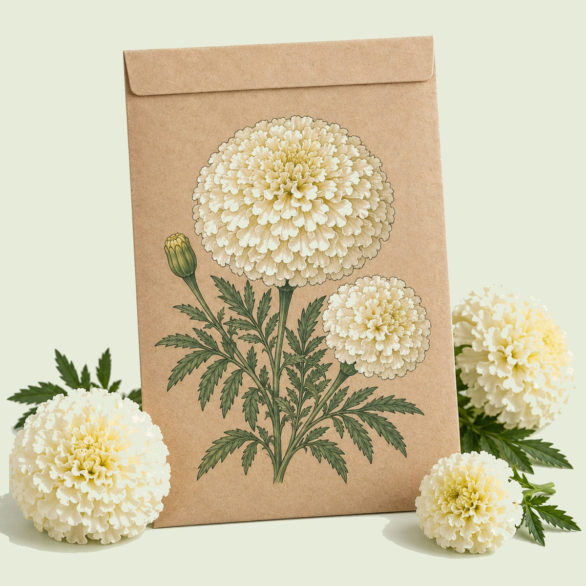 Kraft seed packet illustrated with Kilimanjaro White Marigold, with fresh Kilimanjaro White Marigold beside it