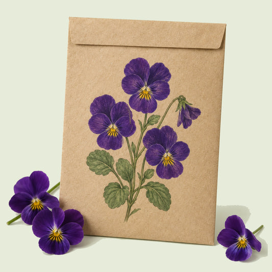 Kraft seed packet illustrated with King Henry Purple Viola, with fresh King Henry Purple Viola beside it