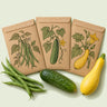 Kraft seed packet illustrated with Kitchen Garden Harvest Seed Bundle, with fresh Kitchen Garden Harvest Seed Bundle beside it