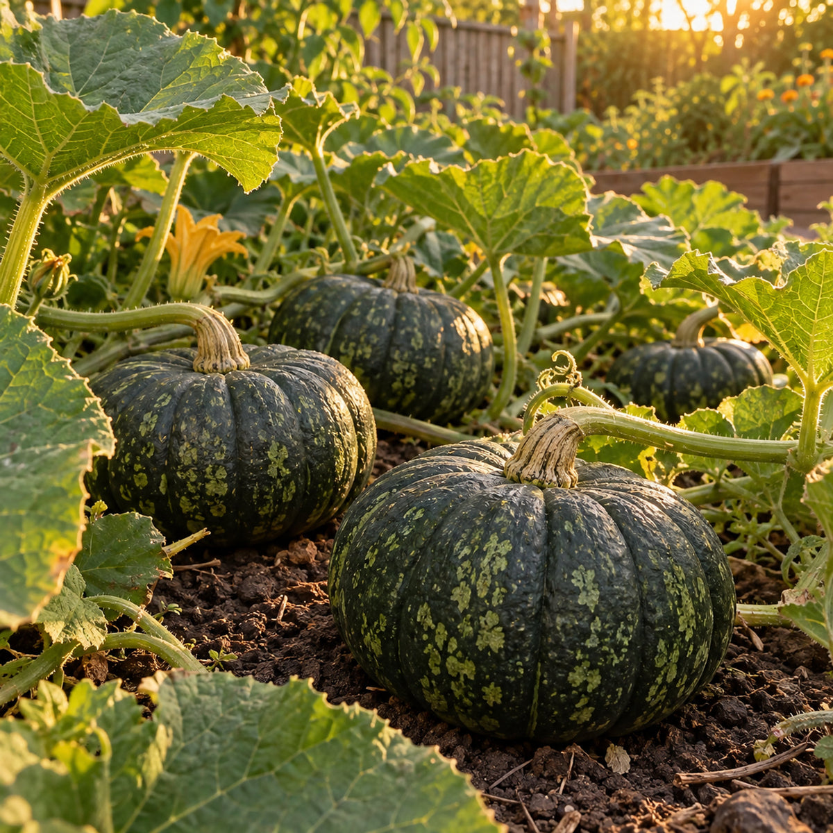 Kurinishiki Kabocha Squash Seeds growing in a home garden