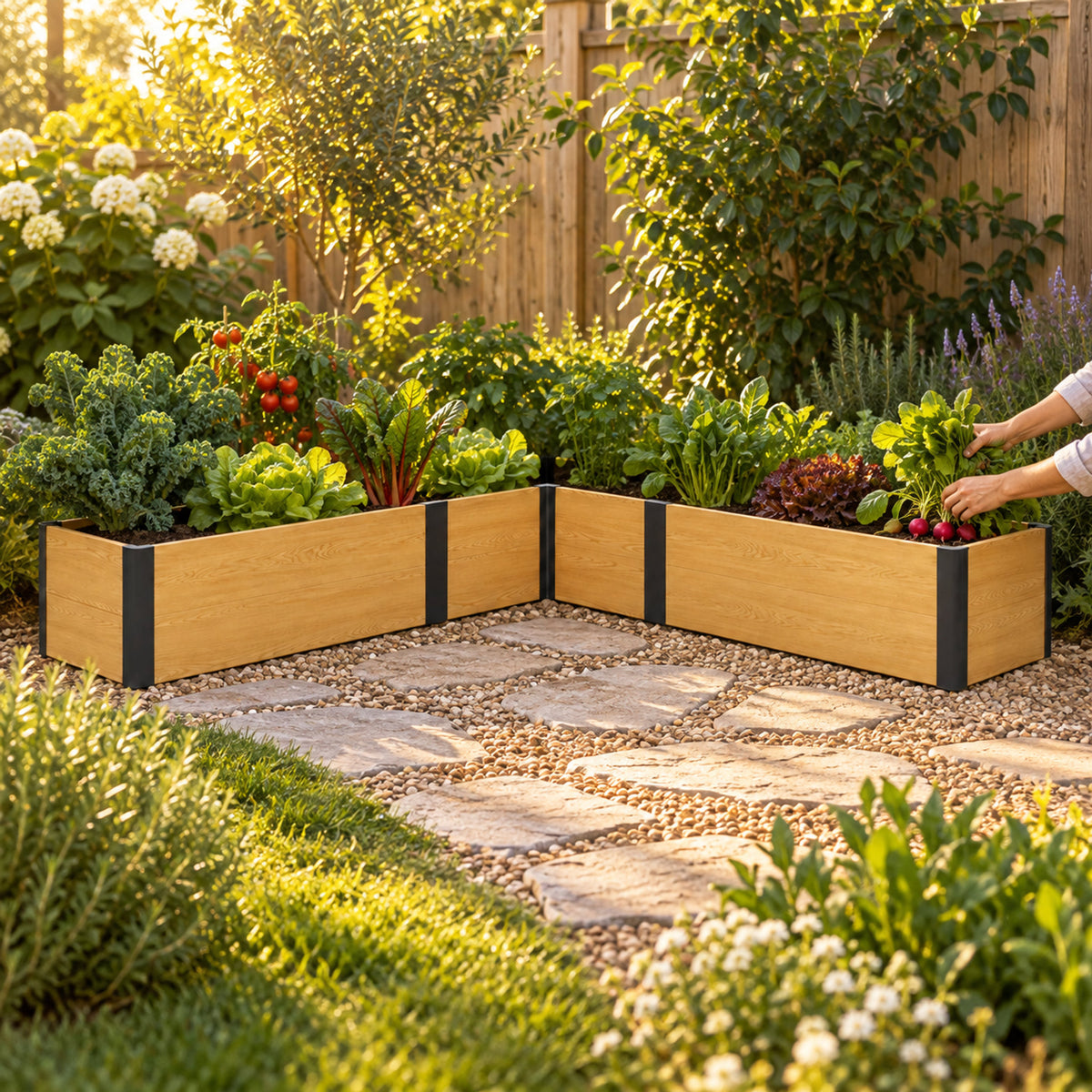 L-Shaped Woodgrain Raised Bed, 96 x 96 x 16 Inches in use in a home garden