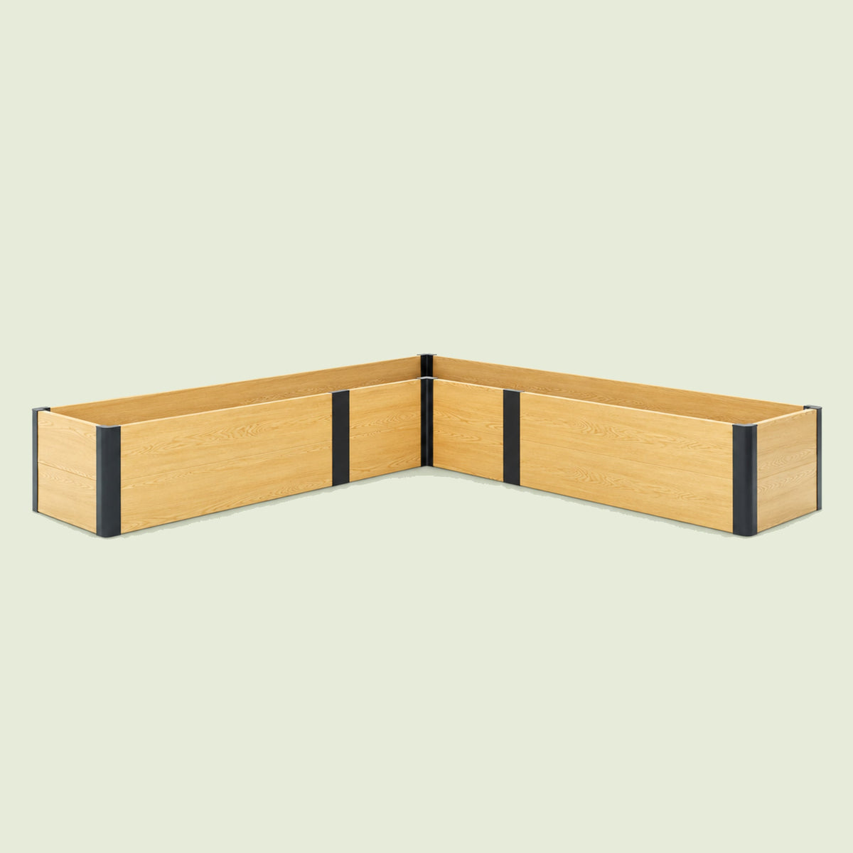 L-Shaped Woodgrain Raised Bed, 96 x 96 x 16 Inches on a soft green background