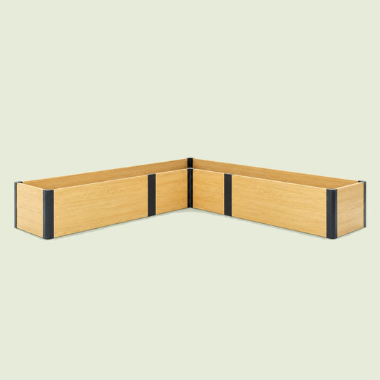 L-Shaped Woodgrain Raised Bed, 96 x 96 x 16 Inches on a soft green background