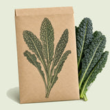 Kraft seed packet illustrated with Lacinato Dinosaur Kale, with fresh Lacinato Dinosaur Kale beside it