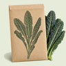 Kraft seed packet illustrated with Lacinato Dinosaur Kale, with fresh Lacinato Dinosaur Kale beside it