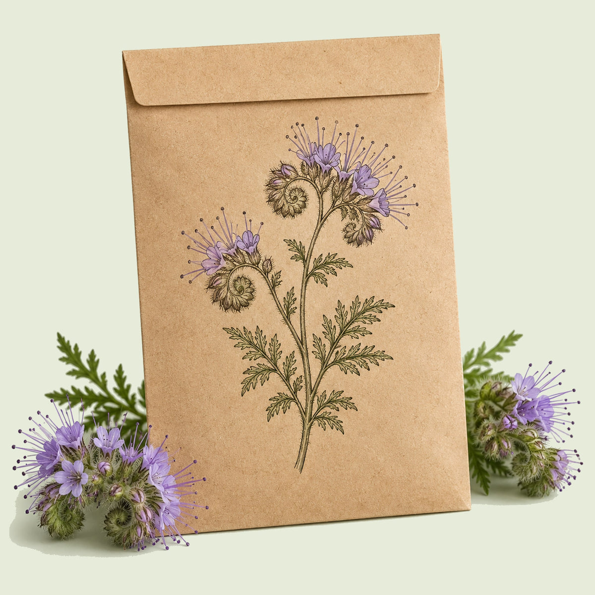 Kraft seed packet illustrated with Lacy Phacelia Cover Crop, with fresh Lacy Phacelia Cover Crop beside it