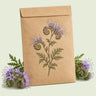 Kraft seed packet illustrated with Lacy Phacelia Cover Crop, with fresh Lacy Phacelia Cover Crop beside it