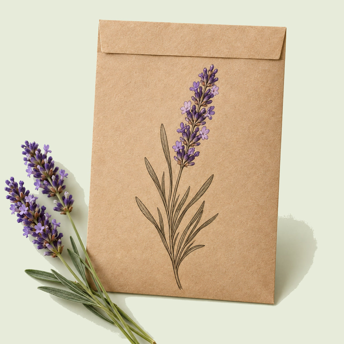 Kraft seed packet illustrated with Lavender, with fresh Lavender beside it